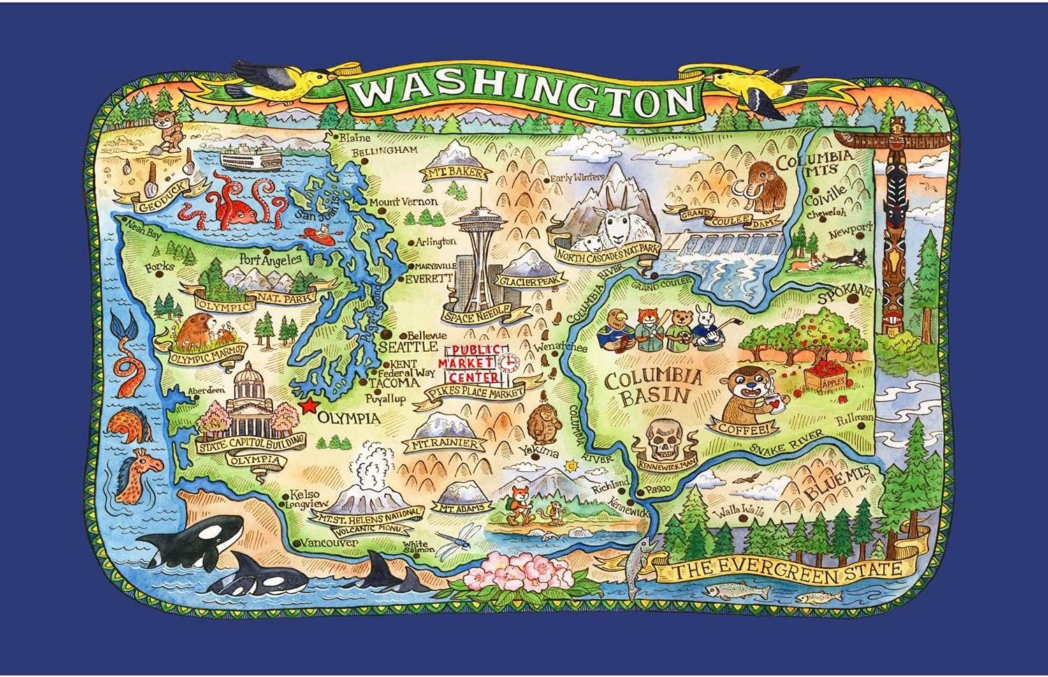 Kay Dee Washington State Tea Towel Adventure Destinations Souvenir Pictorial Poster Style Map Kitchen Towel, Multicolor, 18 in x 28 in