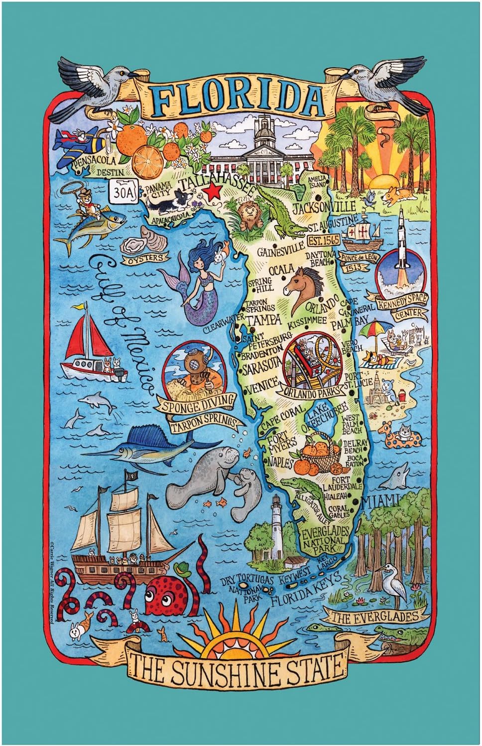F2183 Adventure Destinations Poster Style Tea Towel, Florida, 18" x 28"