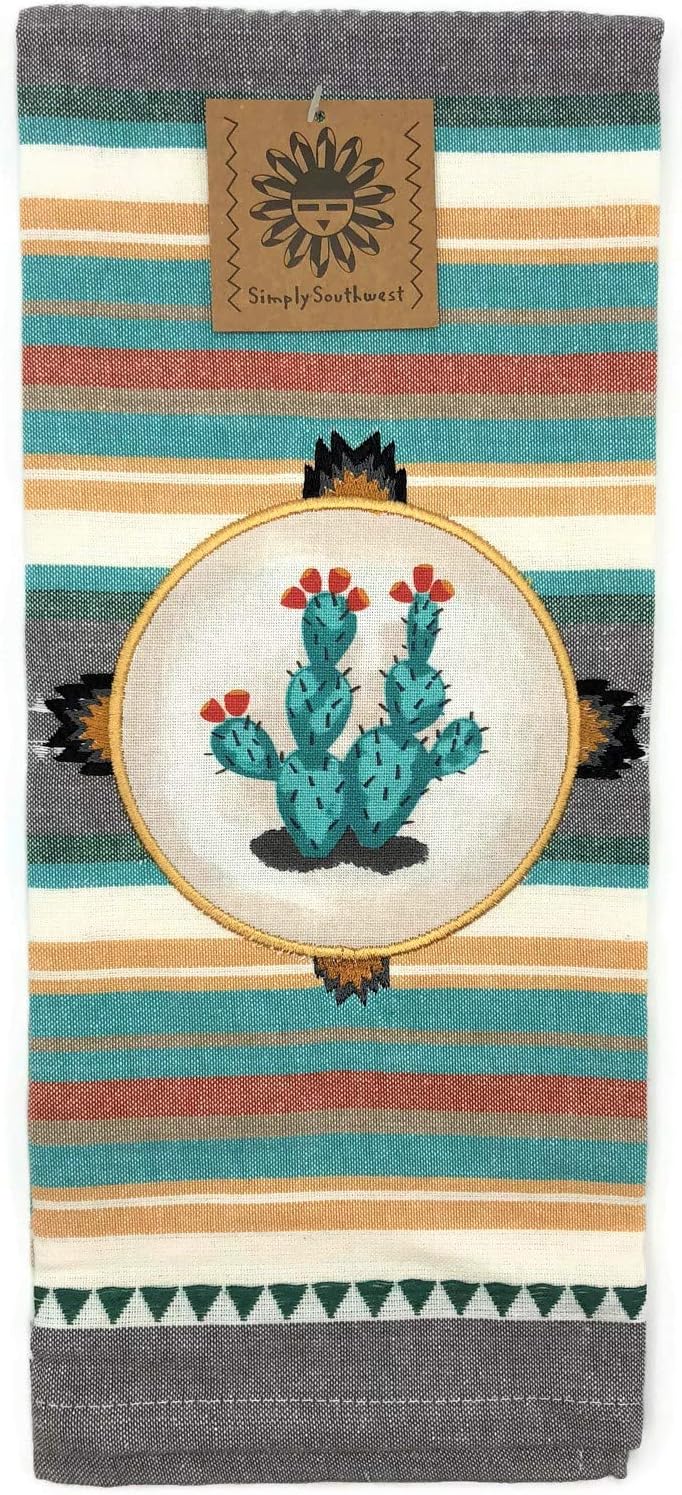 Simply Southwest Cactus Kitchen Towels - Set of 3 Colorful Terry Towels - Woven Jacquard Pattern - Ornamented Cactus Design
