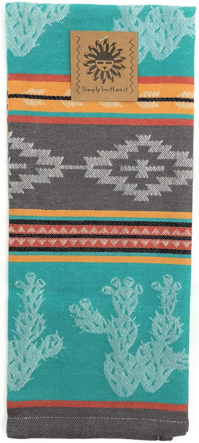 Simply Southwest Cactus Kitchen Towels - Set of 3 Colorful Terry Towels - Woven Jacquard Pattern - Ornamented Cactus Design