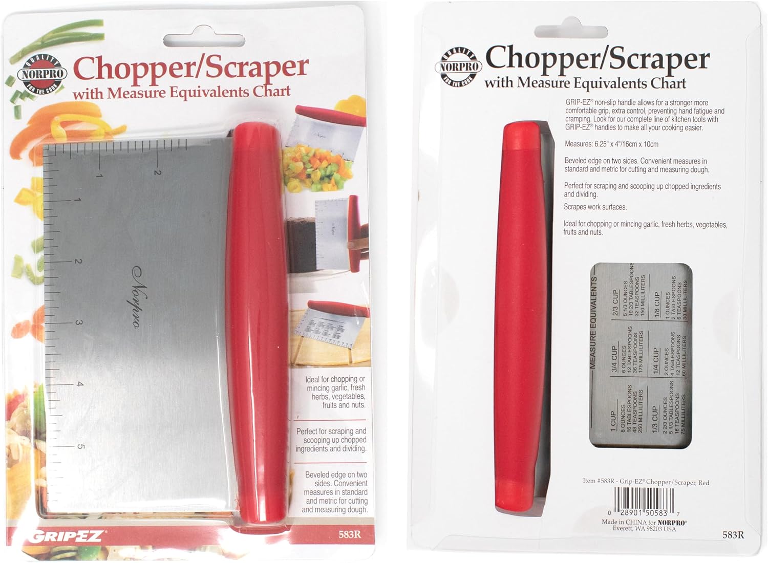 Norpro Grip-EZ Stainless Steel Pastry Bench Scraper and Food Chopper, Red