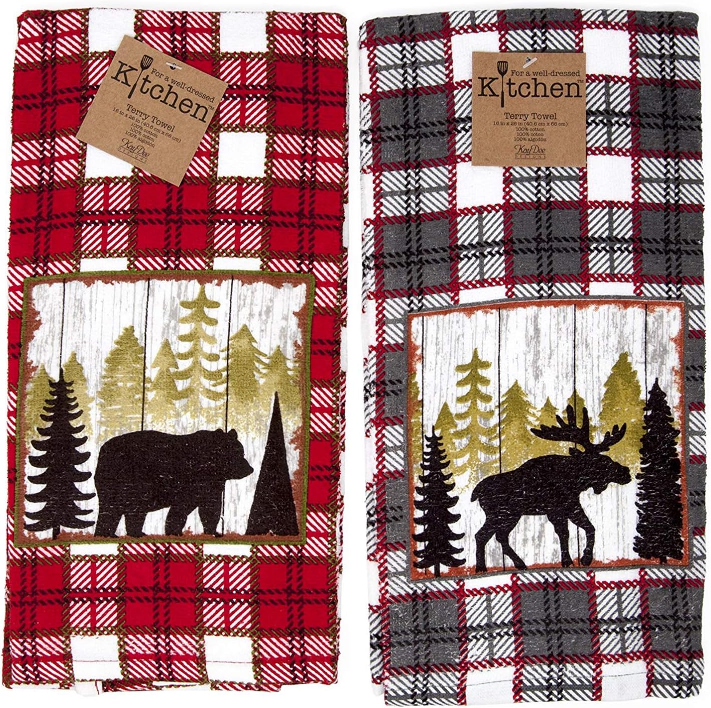Kay Dee Kitchen Terry Towels 2pc Set Cabin Moose Bear Mountain Life Value Set