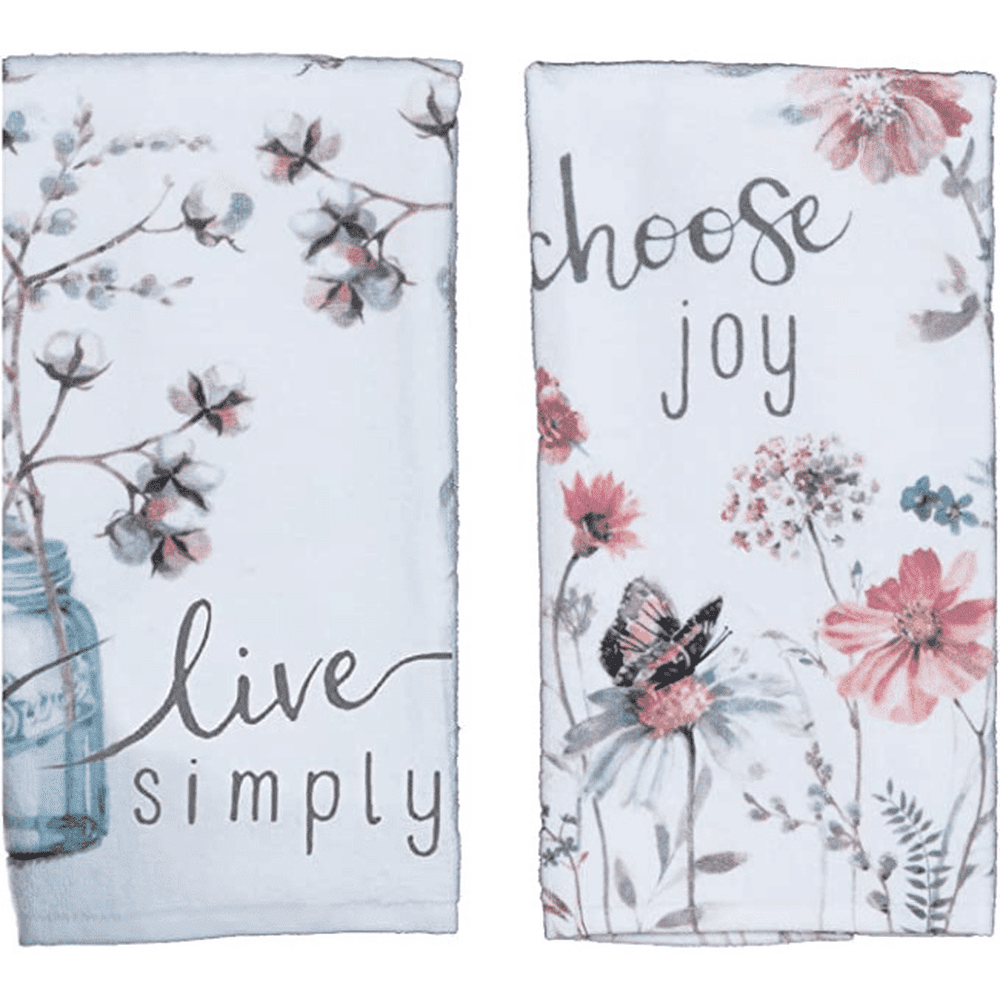 Kitchen Towel Set (2 pc) - Choose Joy and Live Simply - Terry Hand Towels,White