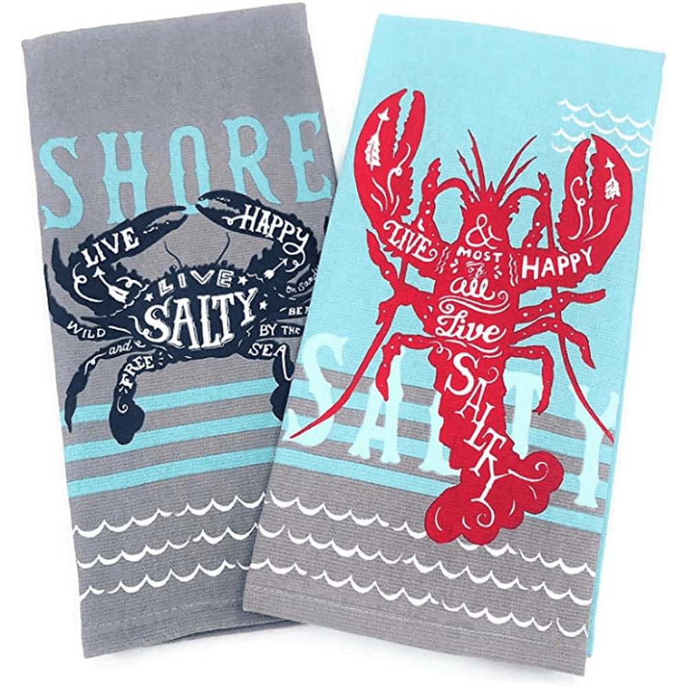 Live Salty Lobster & Crab Kitchen Towels Dishtowel Set for Cleaning, Drying, Polishing and Baking