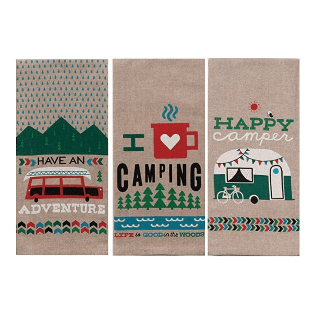 Camping Adventures Chambray Tea Towel Set of 3: Bundle Designs Include: Have an Adventure - I Heart Camping - Happy Camper