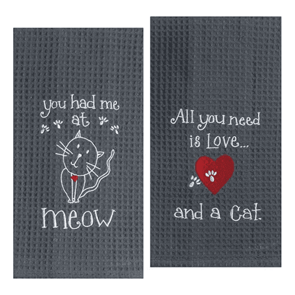 Cat Lover Embroidered Towel Set - One Each You Had Me at Meow & Cat Love